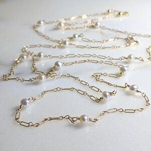 New 36 Inch Long Pearl and Gold Chain Layering Necklace
